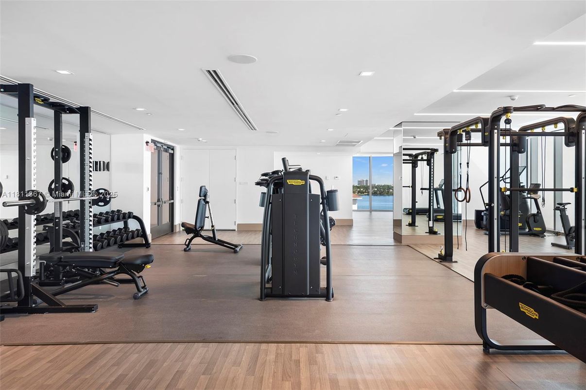 Fitness Equipment, Gym, Interior, Recessed Lighting, Wood Texture Flooring