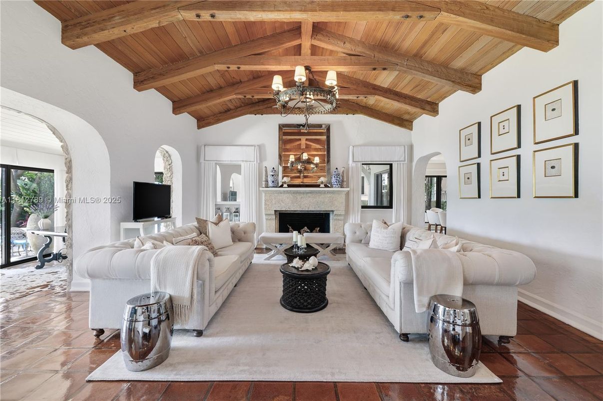 Chandelier, Fireplace, Interior, Living room, Wooden Beams, Wooden Ceilings