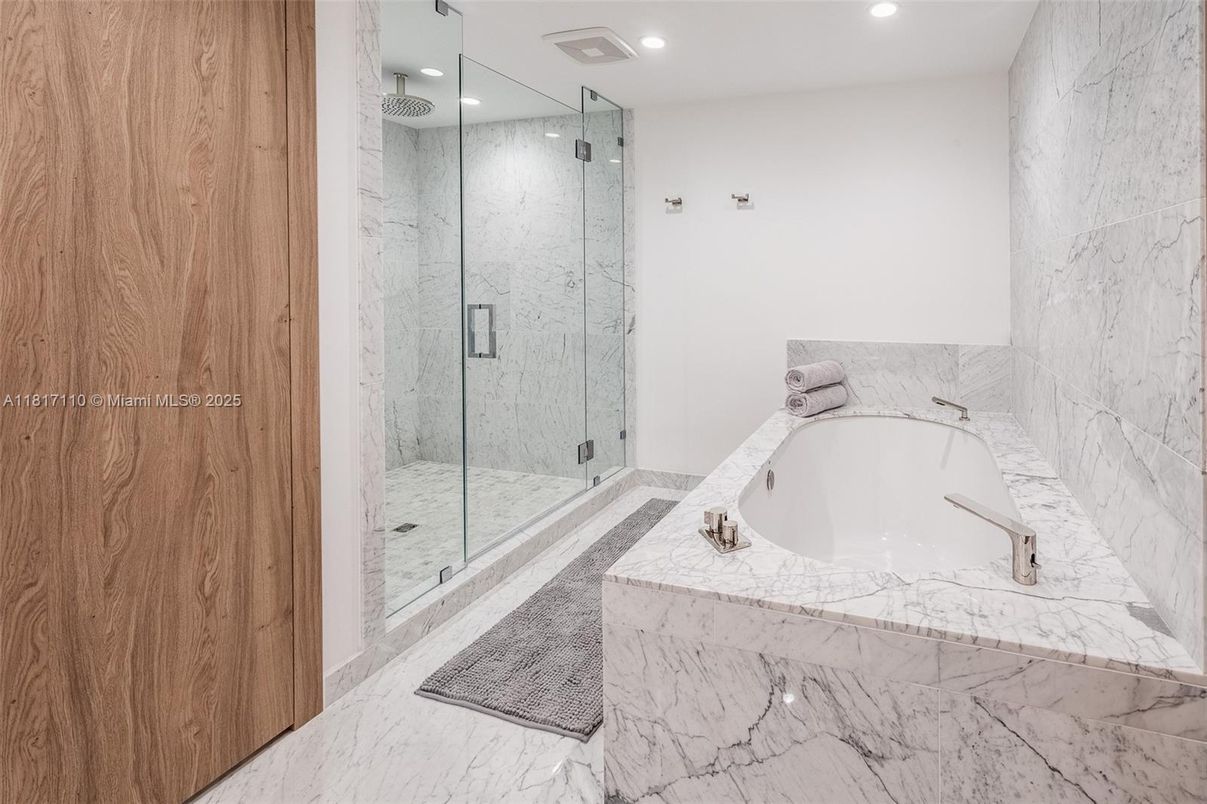 Bathroom, Glass Shower, Interior, Marble, Marble Walls, Recessed Lighting
