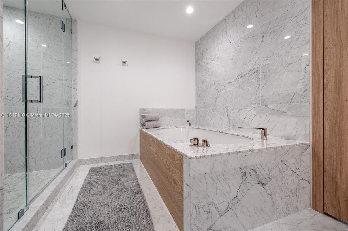 Bathroom, Glass Shower, Interior, Marble, Marble Walls, Recessed Lighting