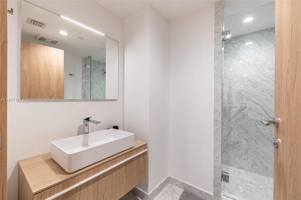 Bathroom, Glass Shower, Interior, Marble, Marble Walls, Recessed Lighting