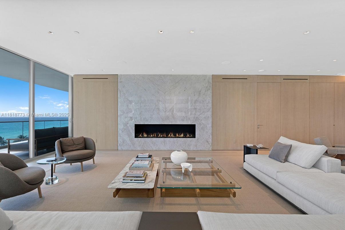 Fireplace, Interior, Living room, Marble Walls, Recessed Lighting, Water
