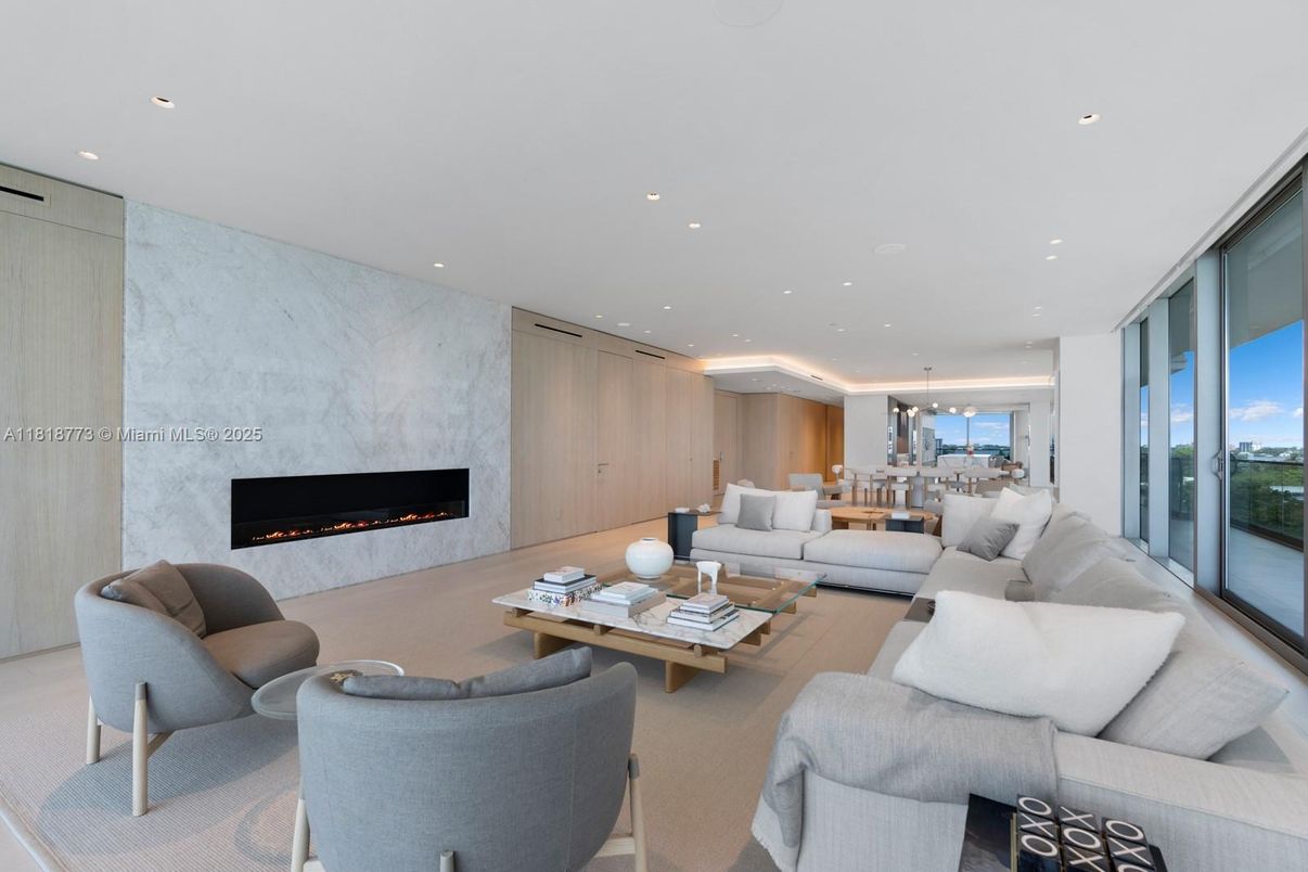Dining room, Fireplace, Interior, Living room, Marble Walls, Pendant Lights, Recessed Lighting