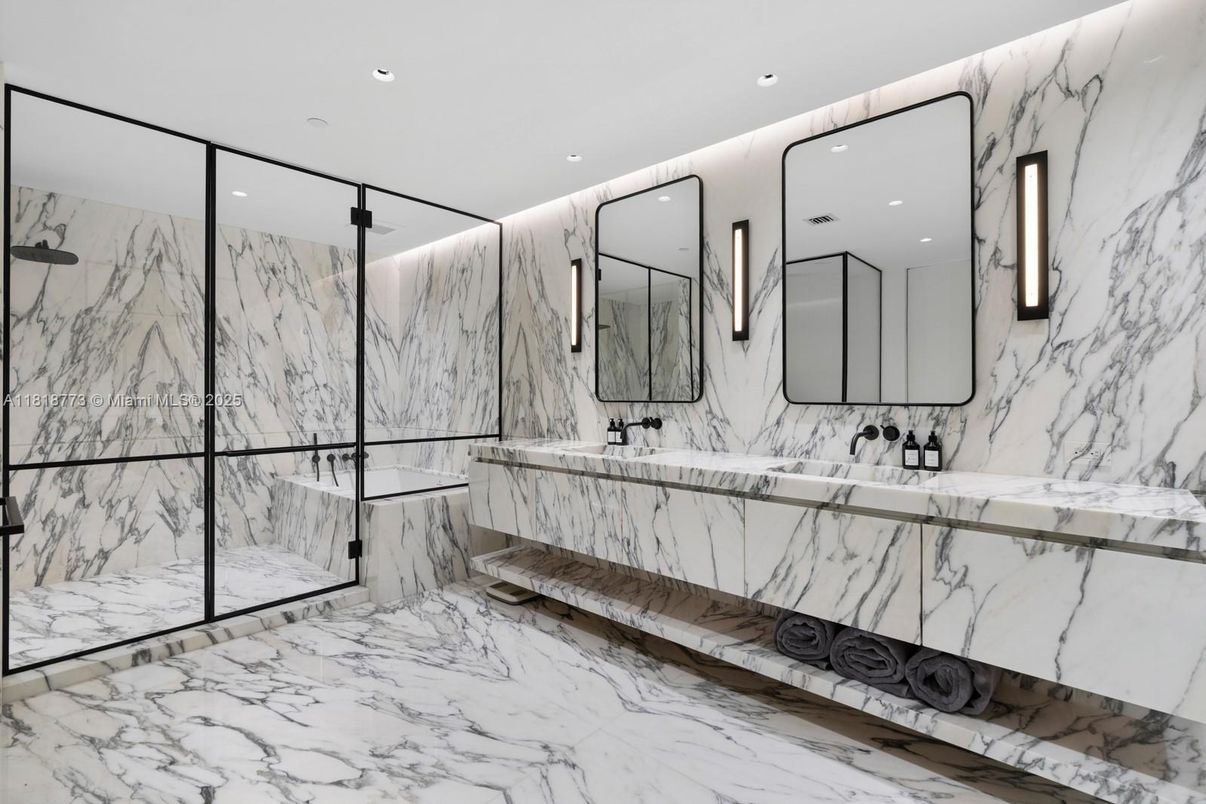 Bathroom, Dual Sink Vanities, Glass Shower, Interior, Marble, Marble Walls, Recessed Lighting