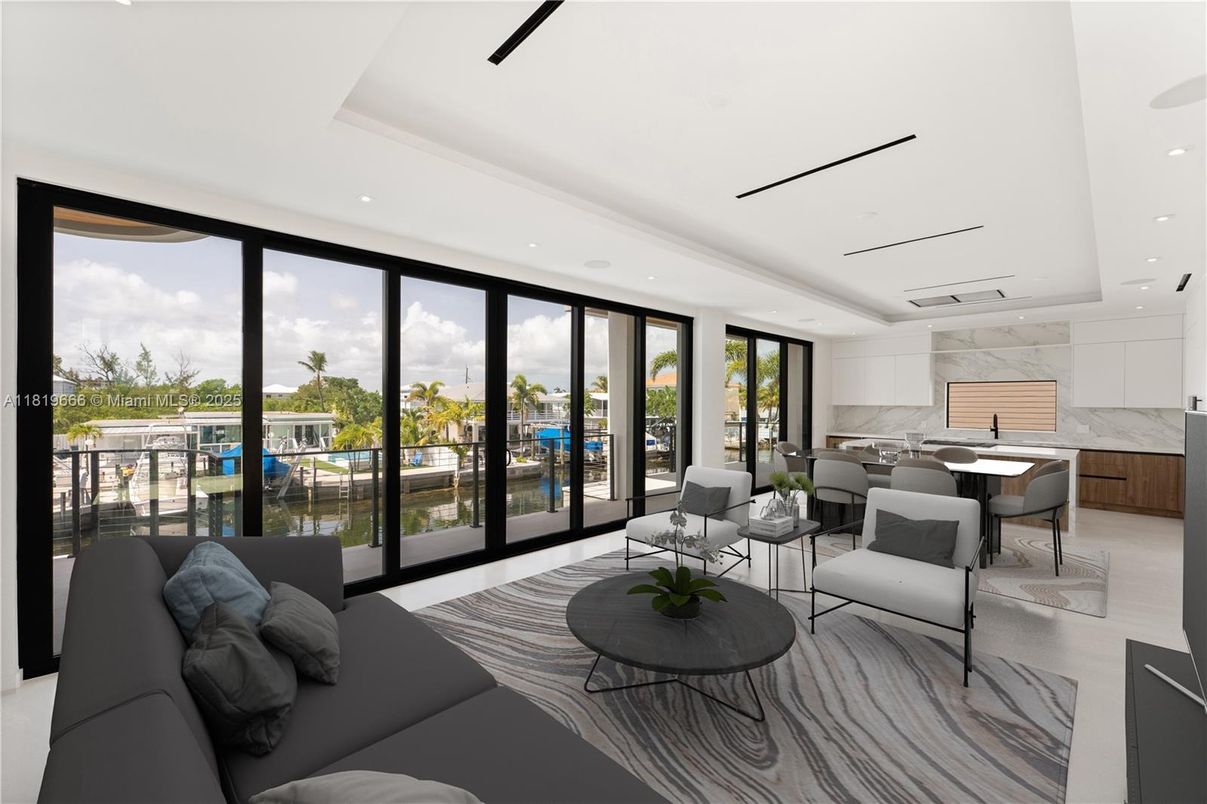 Dining room, Interior, Kitchen, Living room, Marble Walls, Recessed Lighting, Stainless Steel Appliances, Water