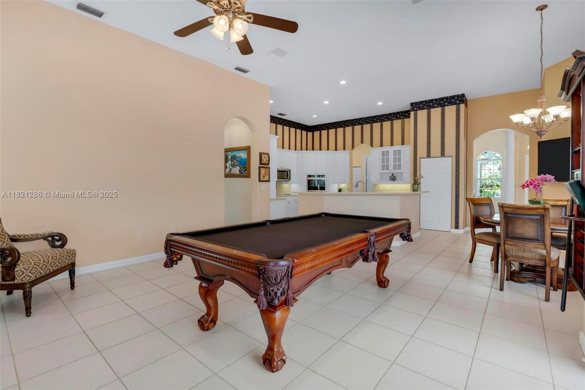 Billiard Table, Chandelier, Dining room, Game Room, Interior, Kitchen, Recessed Lighting