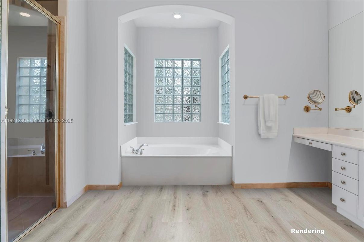 Bathroom, Interior, Recessed Lighting, Wood Texture Flooring
