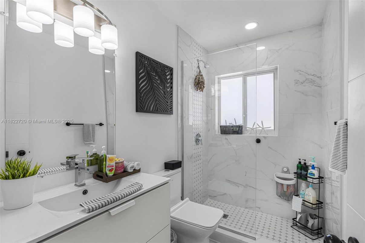 Bathroom, Glass Shower, Interior, Marble Walls, Recessed Lighting