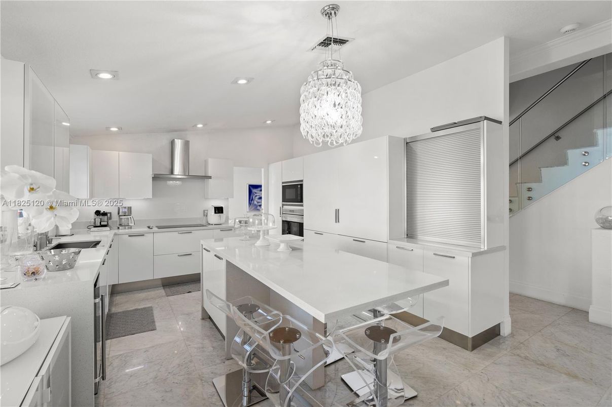 Chandelier, Interior, Kitchen, Pendant Lights, Recessed Lighting, Stainless Steel Appliances