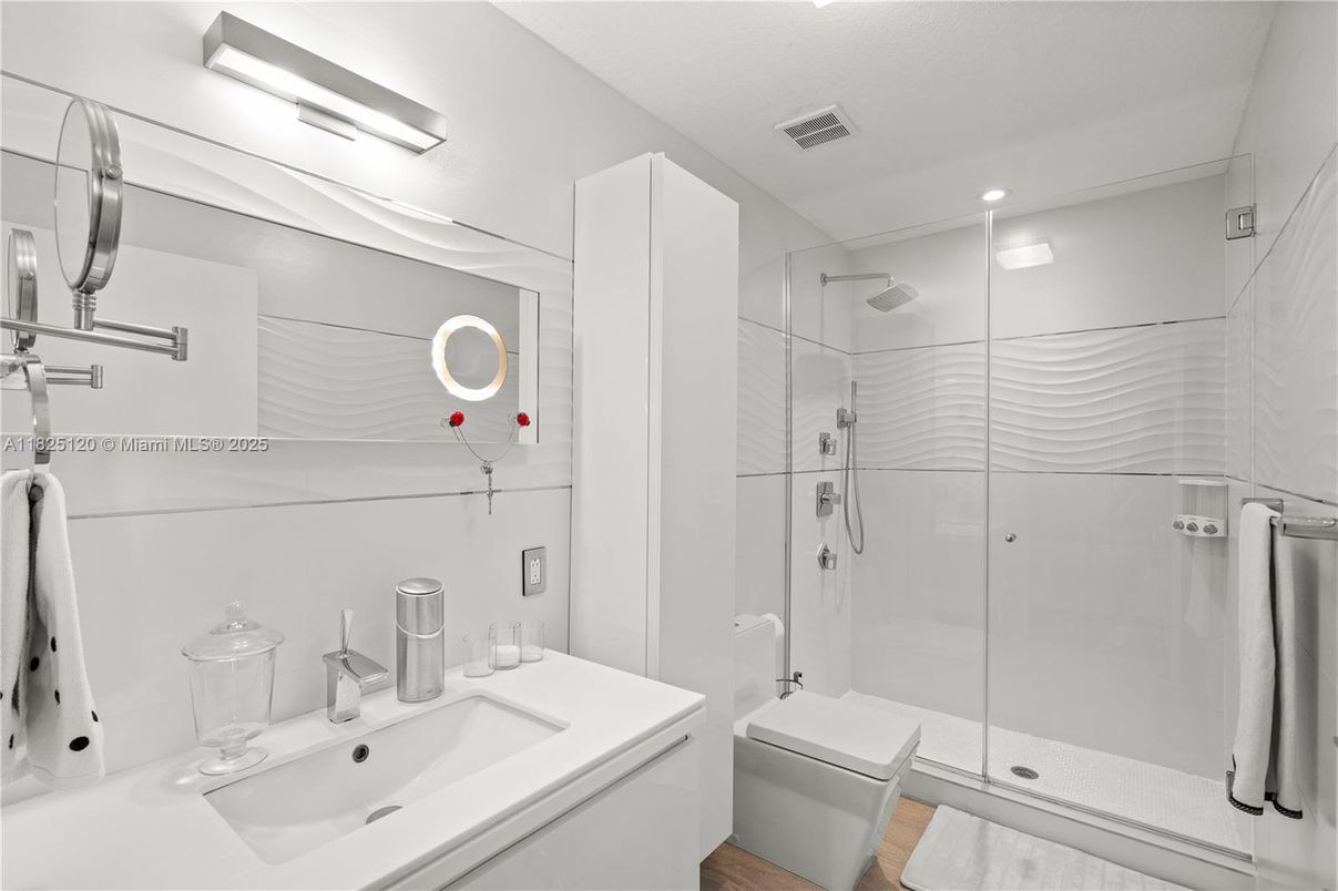 Bathroom, Glass Shower, Interior, Recessed Lighting, Wood Texture Flooring