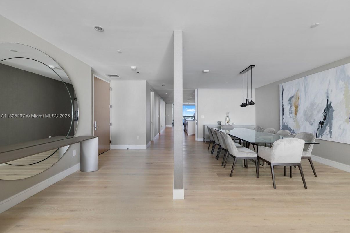 Dining room, Interior, Pendant Lights, Recessed Lighting, Wood Texture Flooring