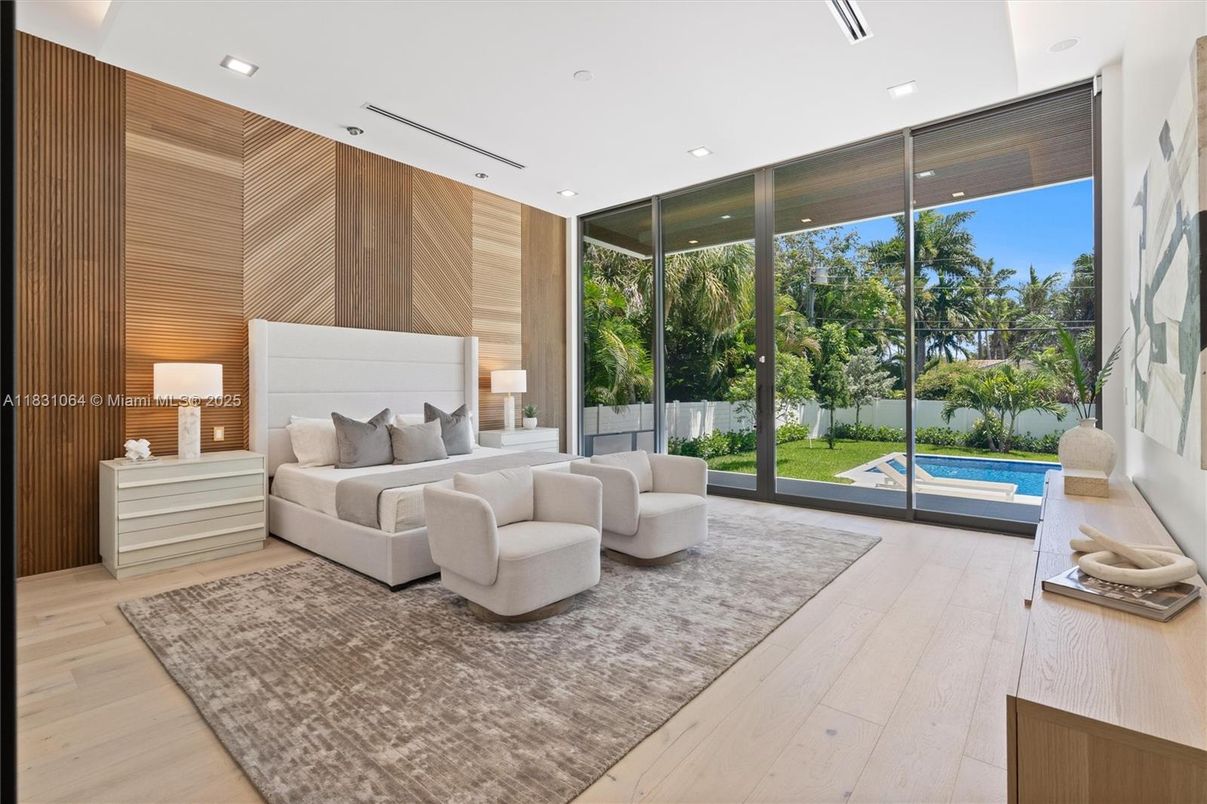 Bedroom, Interior, Living room, Recessed Lighting, Wood Texture Flooring, Wooden Walls