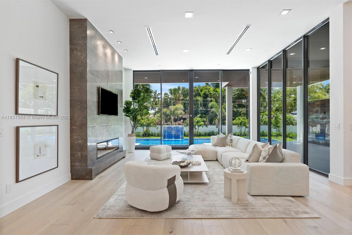 Fireplace, Interior, Living room, Recessed Lighting, Wood Texture Flooring