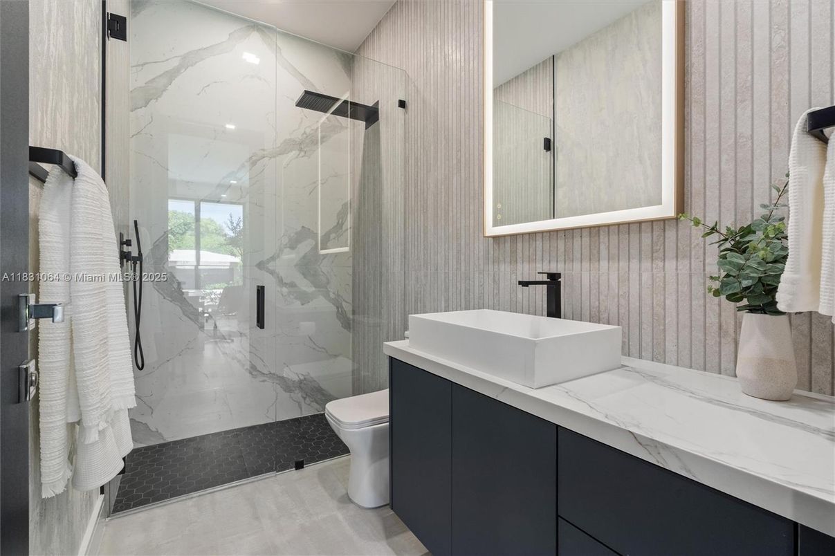 Bathroom, Glass Shower, Interior, Marble Walls, Recessed Lighting