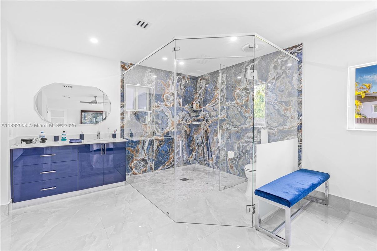 Bathroom, Glass Shower, Interior, Marble, Recessed Lighting