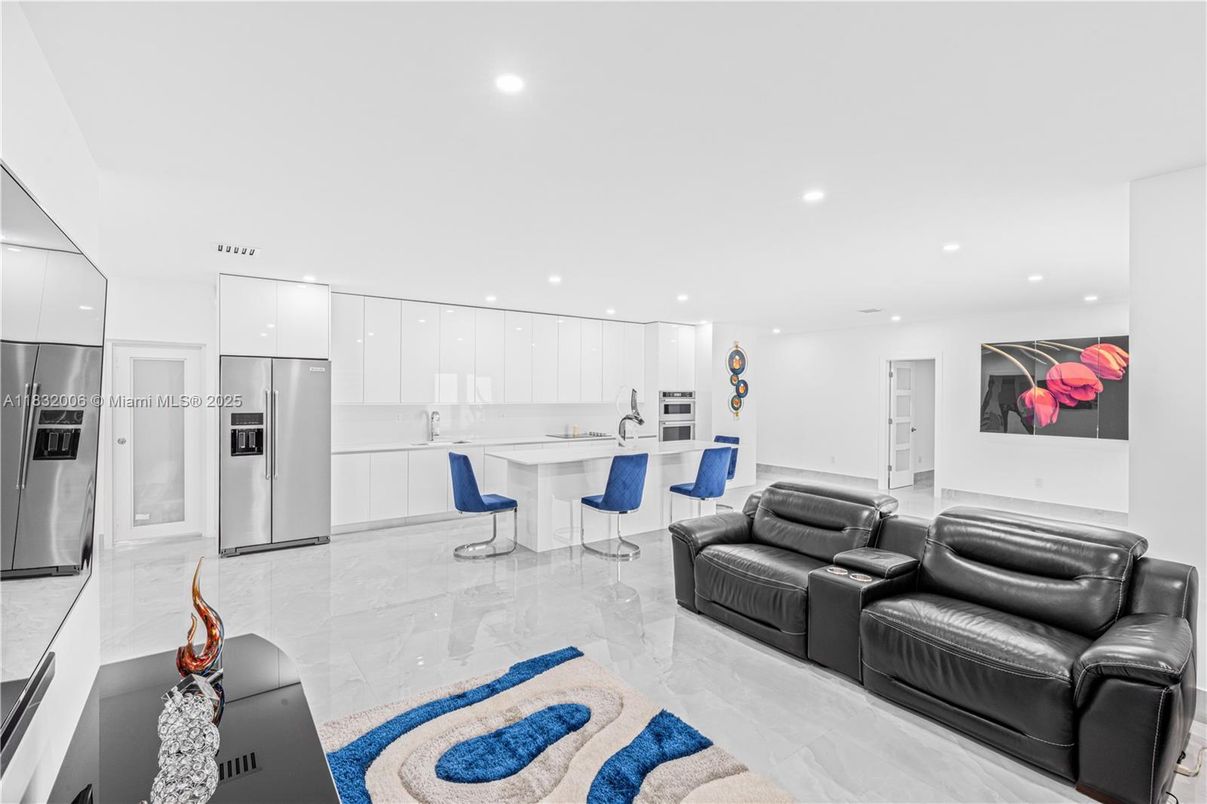 Home Theatre Room, Interior, Kitchen, Living room, Marble, Recessed Lighting, Stainless Steel Appliances