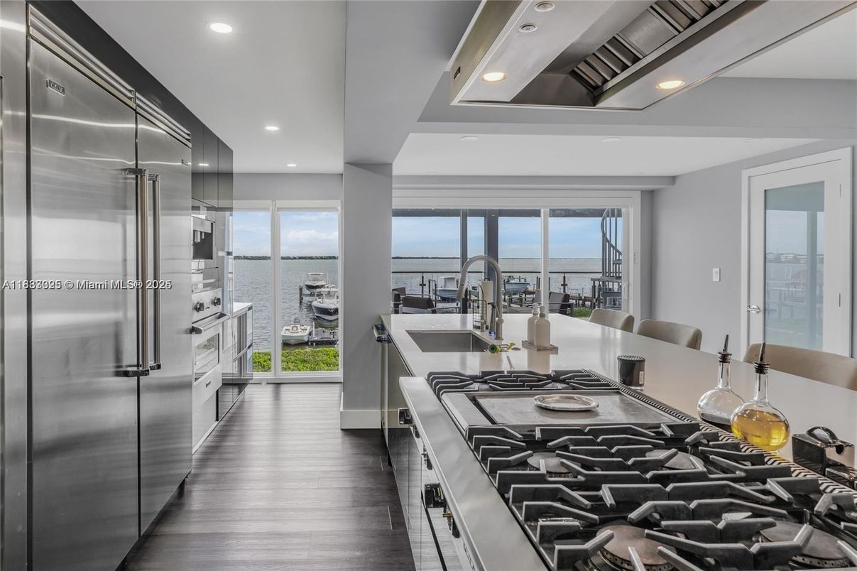 Interior, Kitchen, Recessed Lighting, Stainless Steel Appliances, Water, Wood Texture Flooring