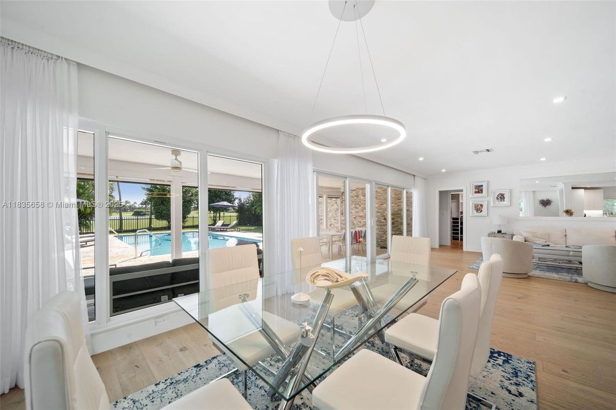 Dining room, Interior, Living room, Pendant Lights, Recessed Lighting, Water, Wood Texture Flooring