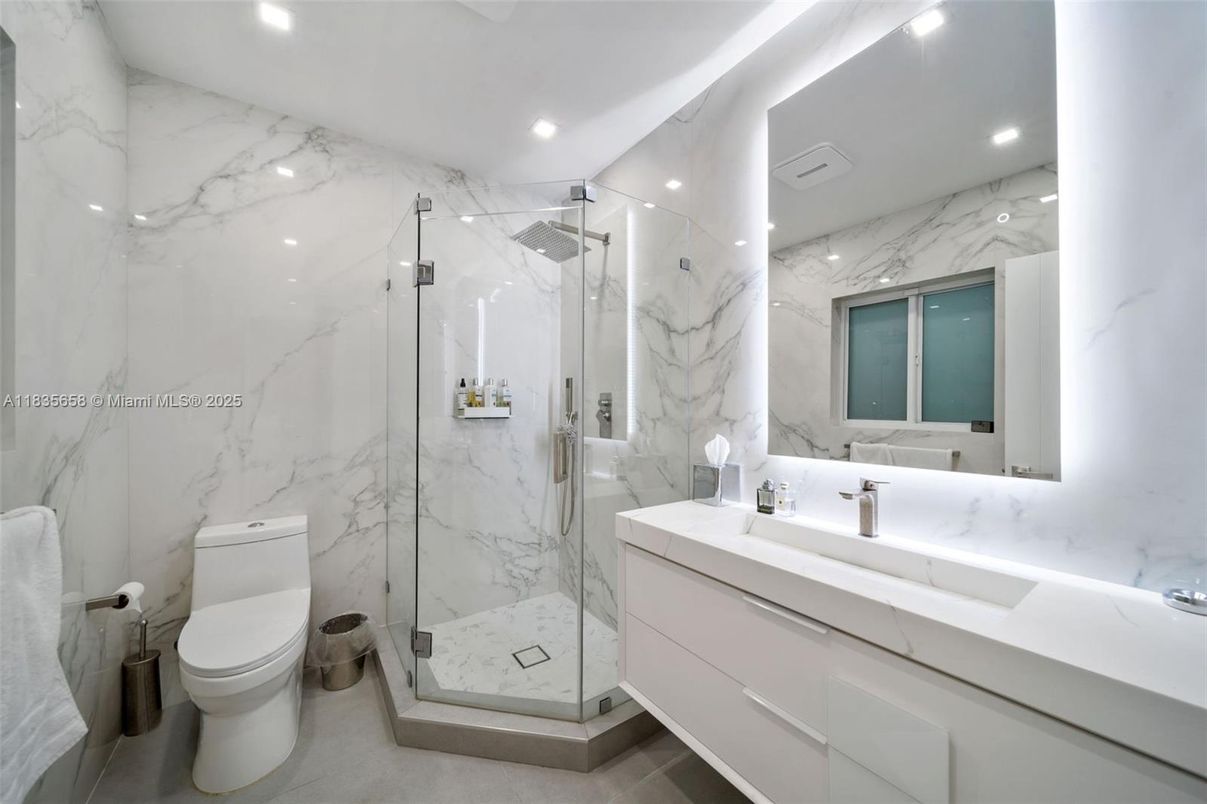 Bathroom, Glass Shower, Interior, Marble Walls, Recessed Lighting