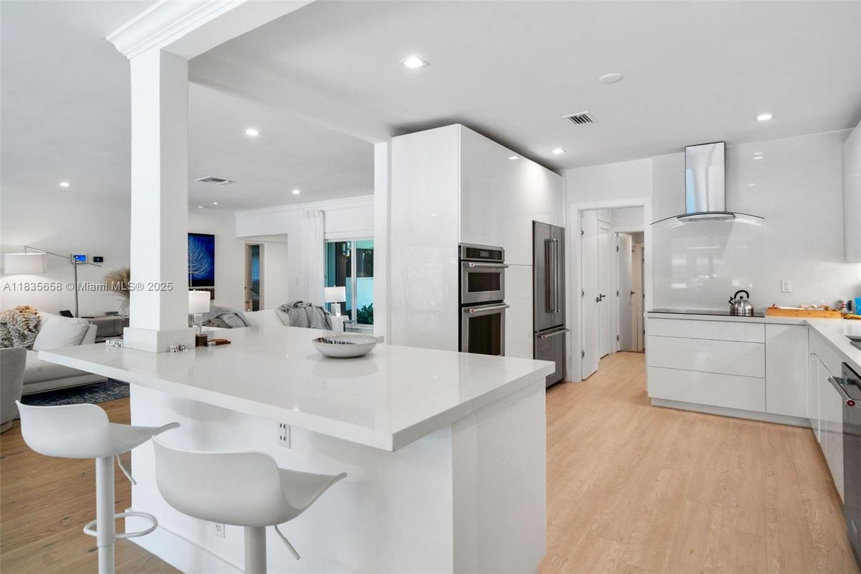 Interior, Kitchen, Recessed Lighting, Stainless Steel Appliances, Wood Texture Flooring