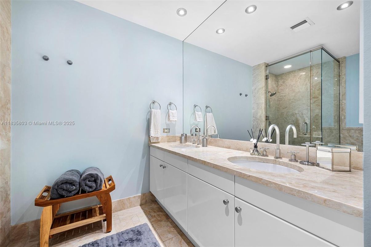 Bathroom, Dual Sink Vanities, Glass Shower, Interior, Recessed Lighting