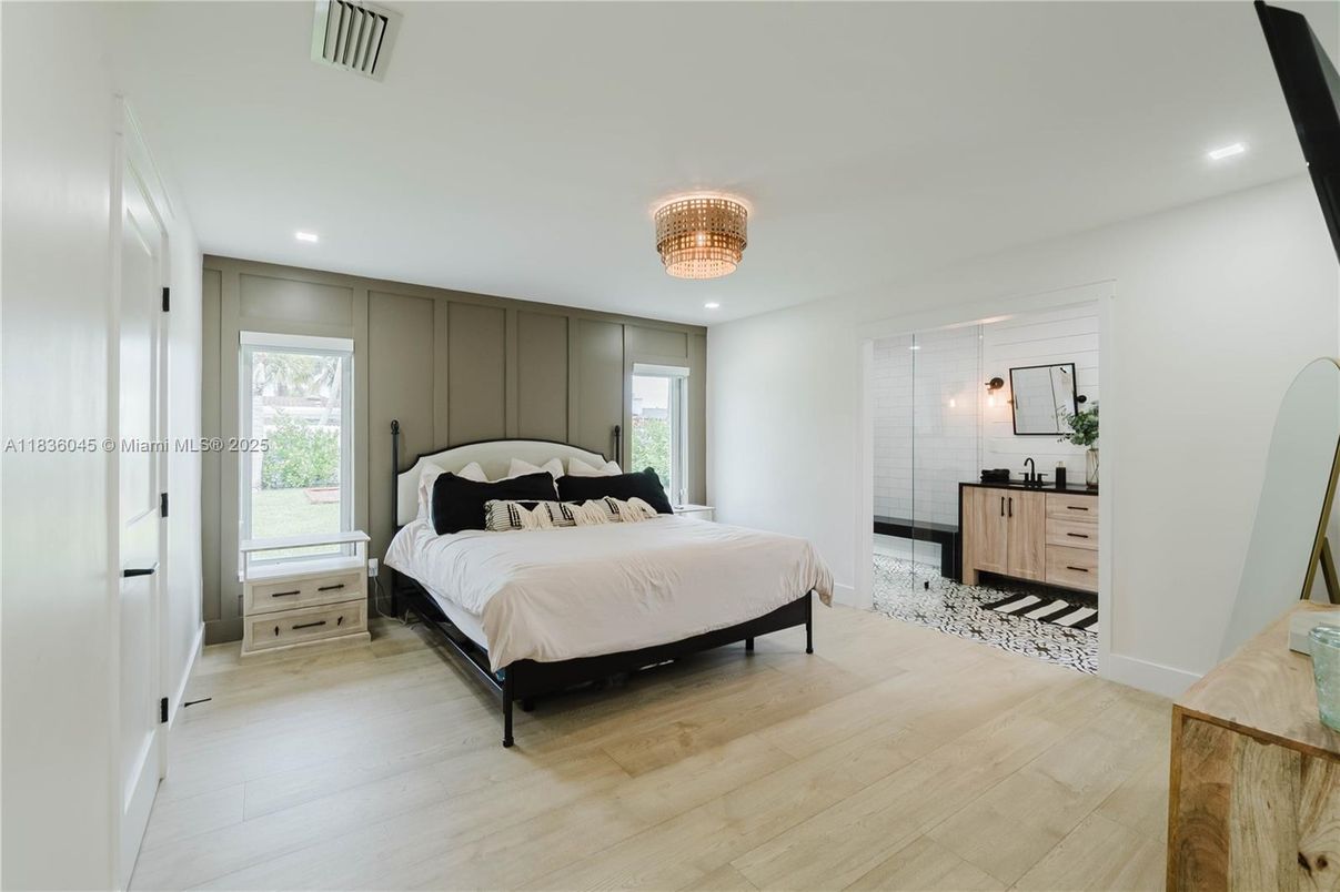 Bedroom, Chandelier, Interior, Recessed Lighting, Wood Texture Flooring