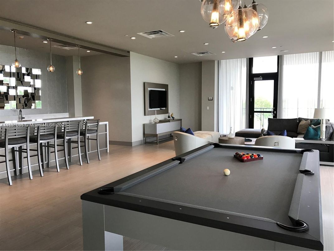 Billiard Table, Game Room, Interior, Pendant Lights, Recessed Lighting, Wood Texture Flooring