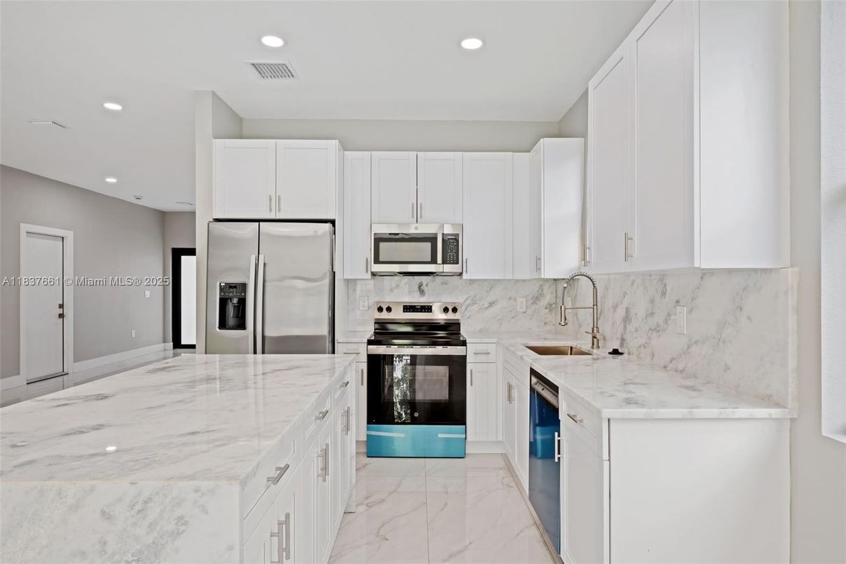 Interior, Kitchen, Marble, Recessed Lighting, Stainless Steel Appliances