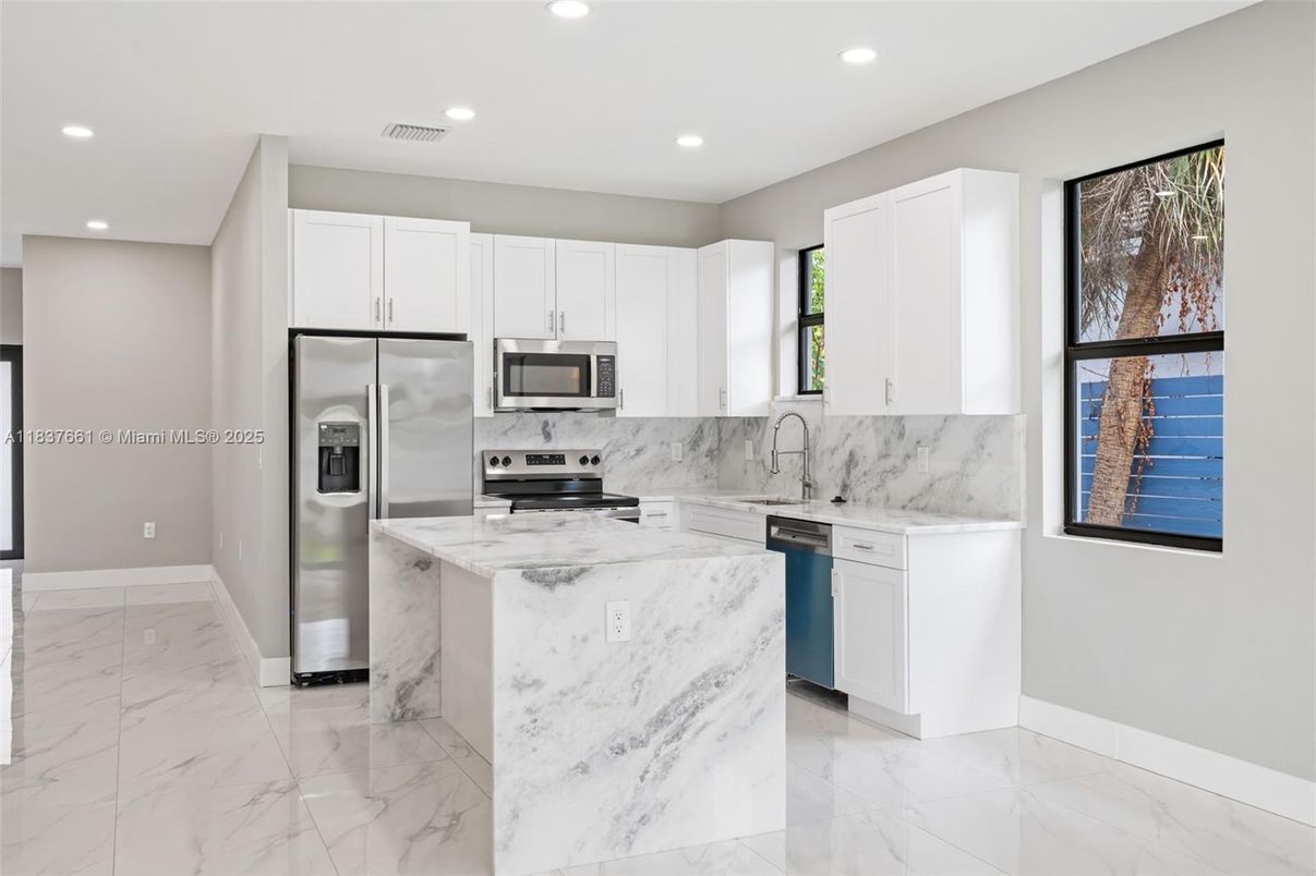 Interior, Kitchen, Marble, Recessed Lighting, Stainless Steel Appliances