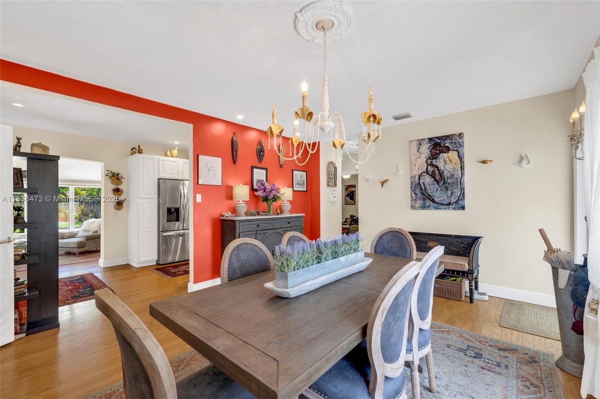 Chandelier, Dining room, Interior, Kitchen, Recessed Lighting, Stainless Steel Appliances, Wood Texture Flooring