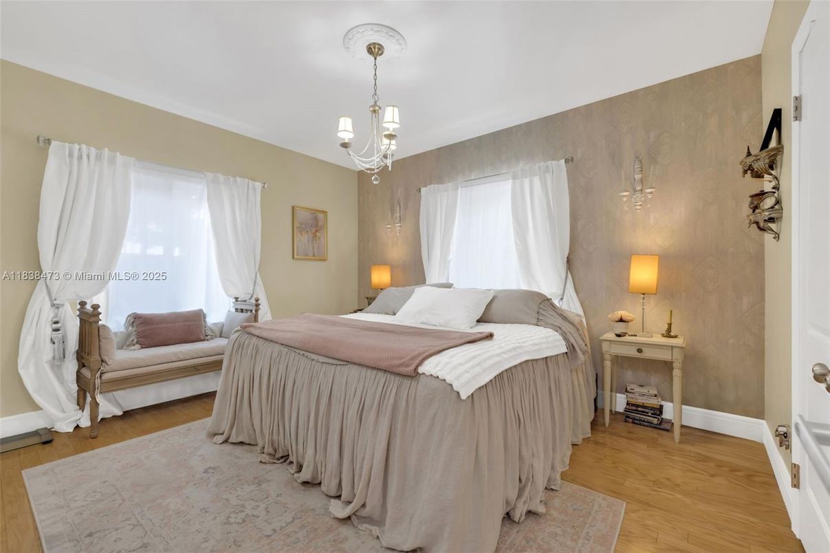 Bedroom, Chandelier, Interior, Wood Texture Flooring