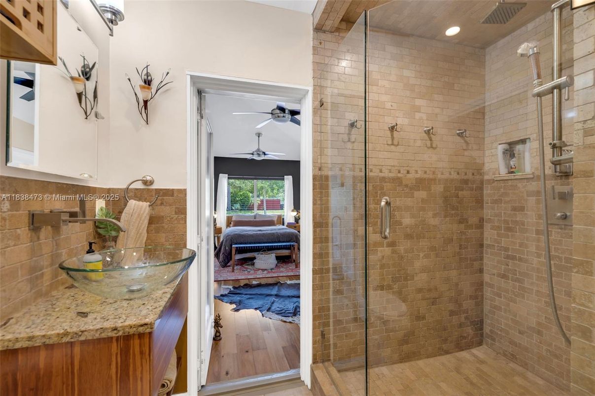 Bathroom, Glass Shower, Interior, Recessed Lighting, Stone Walls, Wood Texture Flooring