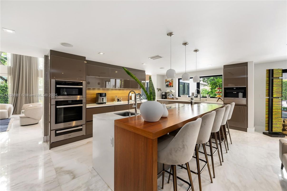 Interior, Kitchen, Marble, Pendant Lights, Recessed Lighting, Stainless Steel Appliances