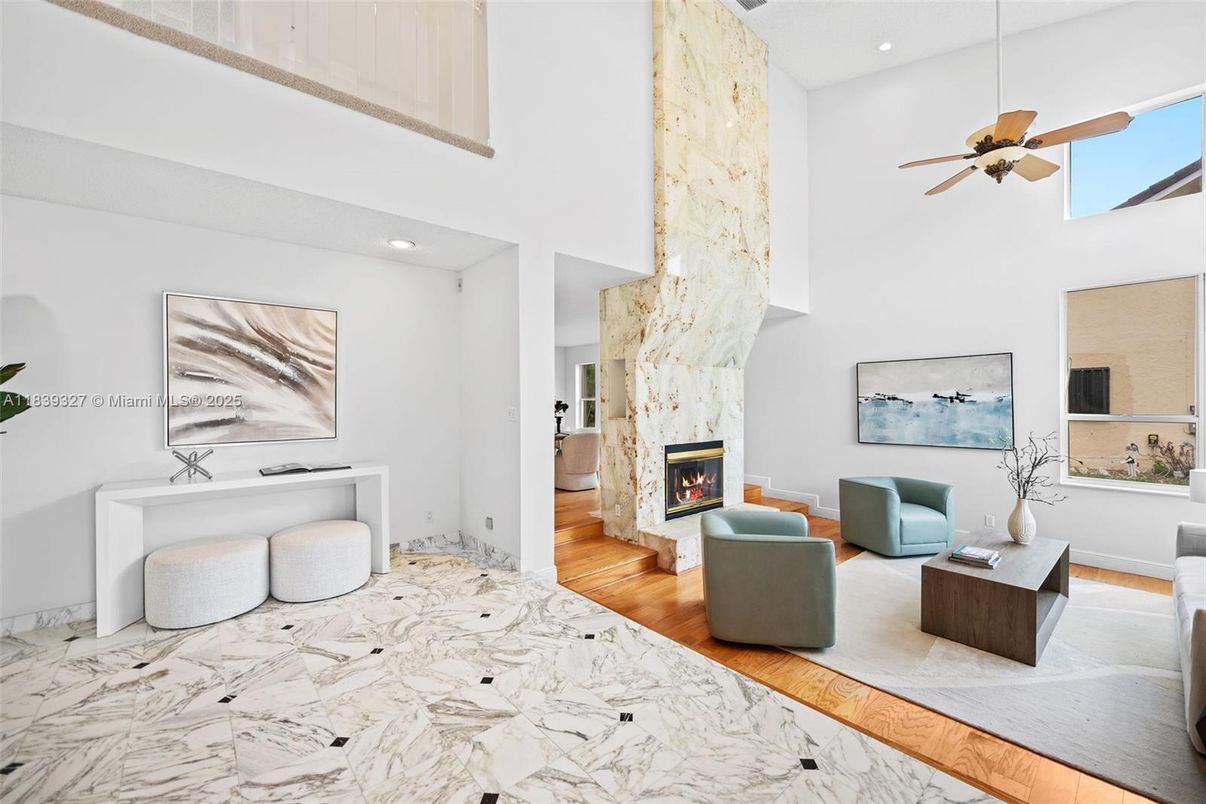 Fireplace, Interior, Living room, Marble, Recessed Lighting, Wood Texture Flooring