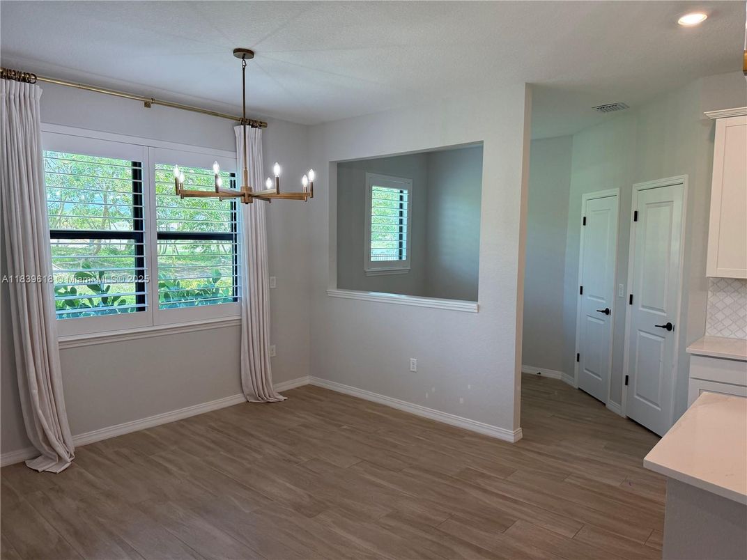 Empty room, Interior, Pendant Lights, Recessed Lighting, Wood Texture Flooring