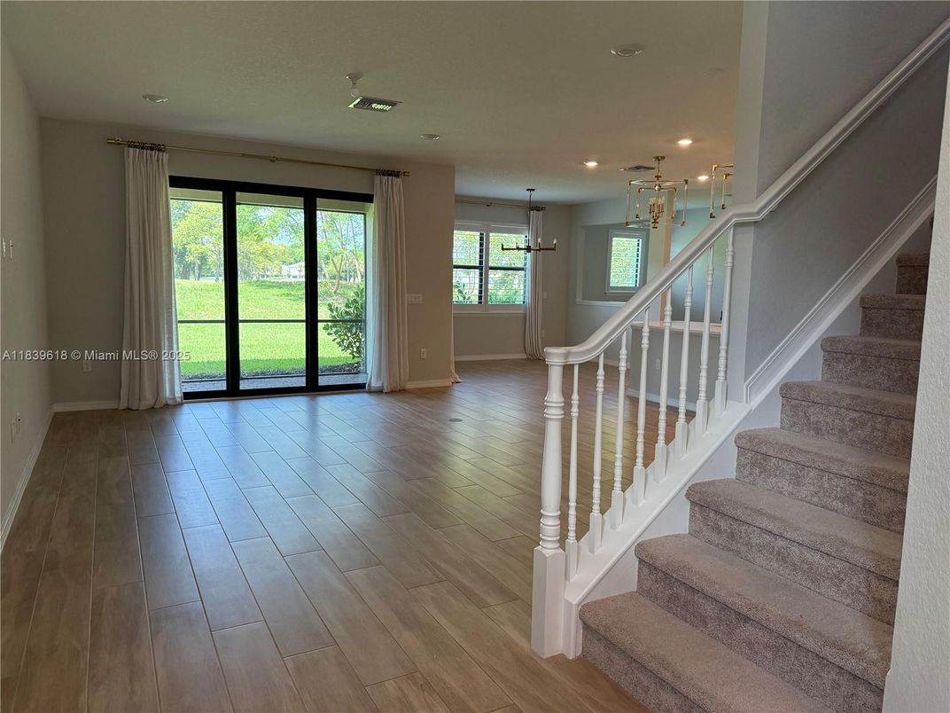 Empty room, Interior, Pendant Lights, Recessed Lighting, Wood Texture Flooring