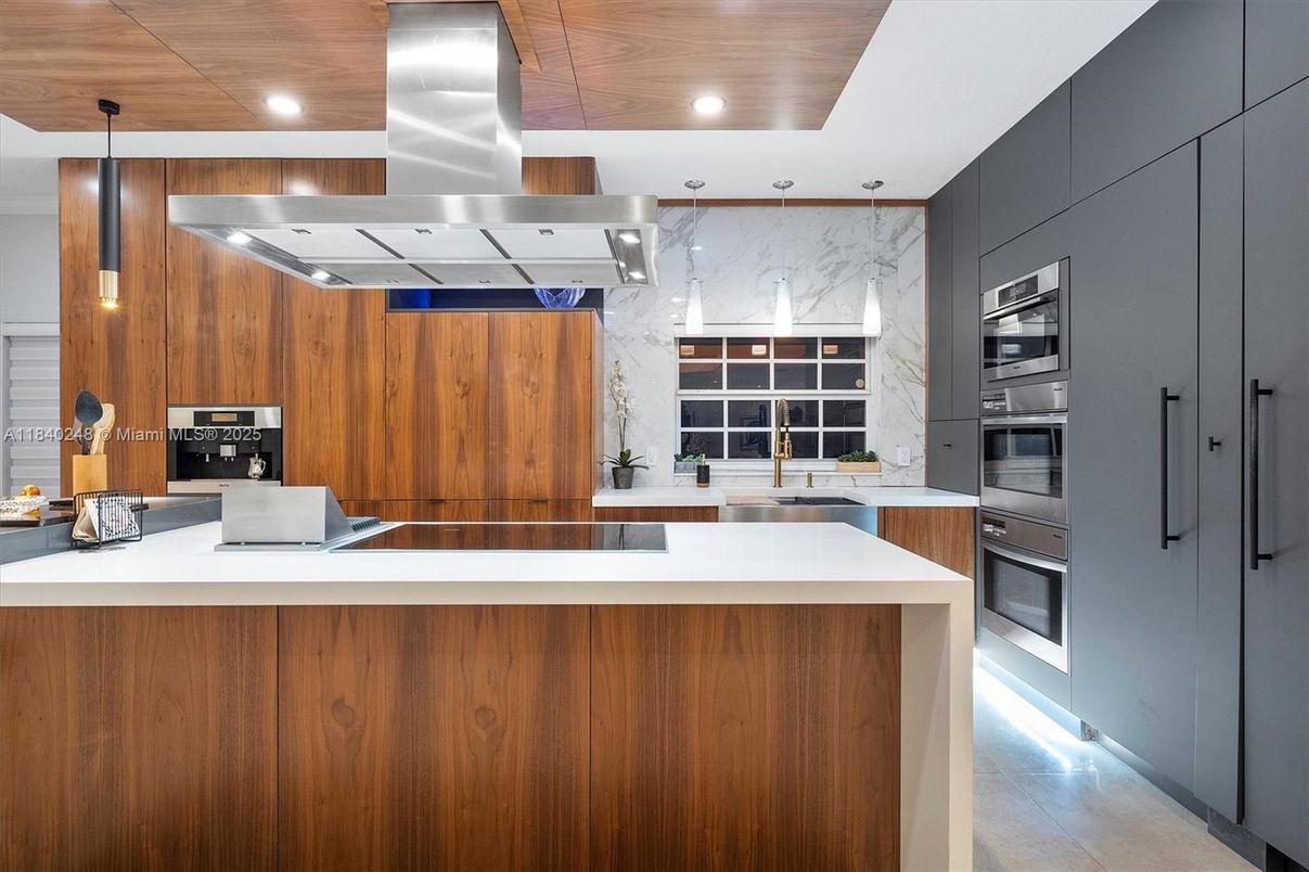 Interior, Kitchen, Marble Walls, Pendant Lights, Recessed Lighting, Stainless Steel Appliances, Wooden Ceilings