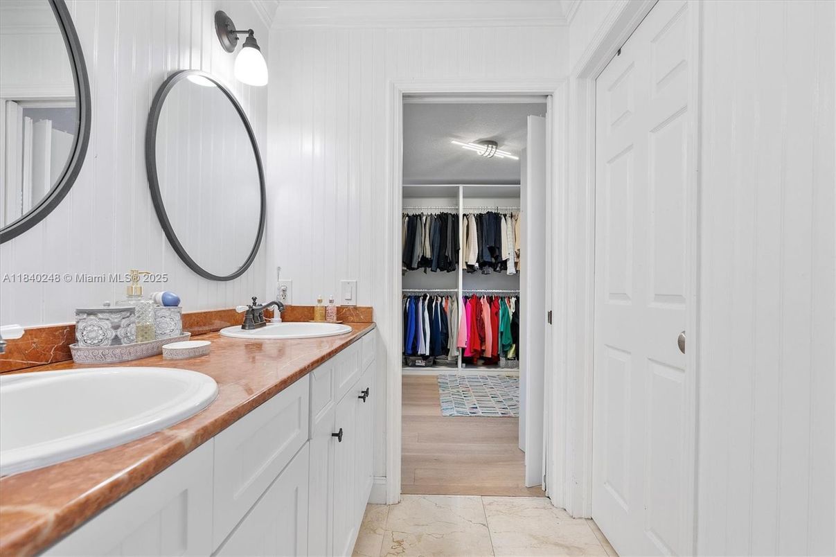 Bathroom, Dual Sink Vanities, Interior, Walk-in Closets, Wood Texture Flooring