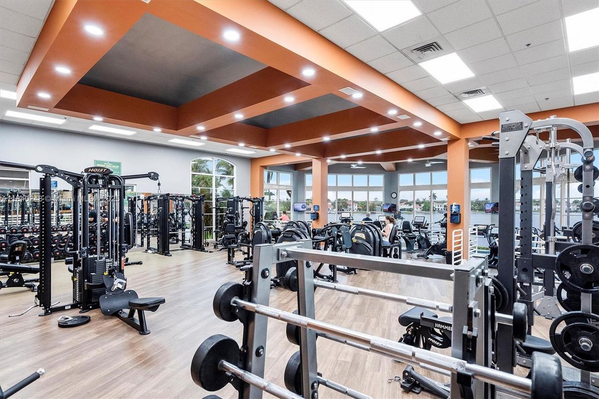 Fitness Equipment, Gym, Interior, Recessed Lighting, Wood Texture Flooring