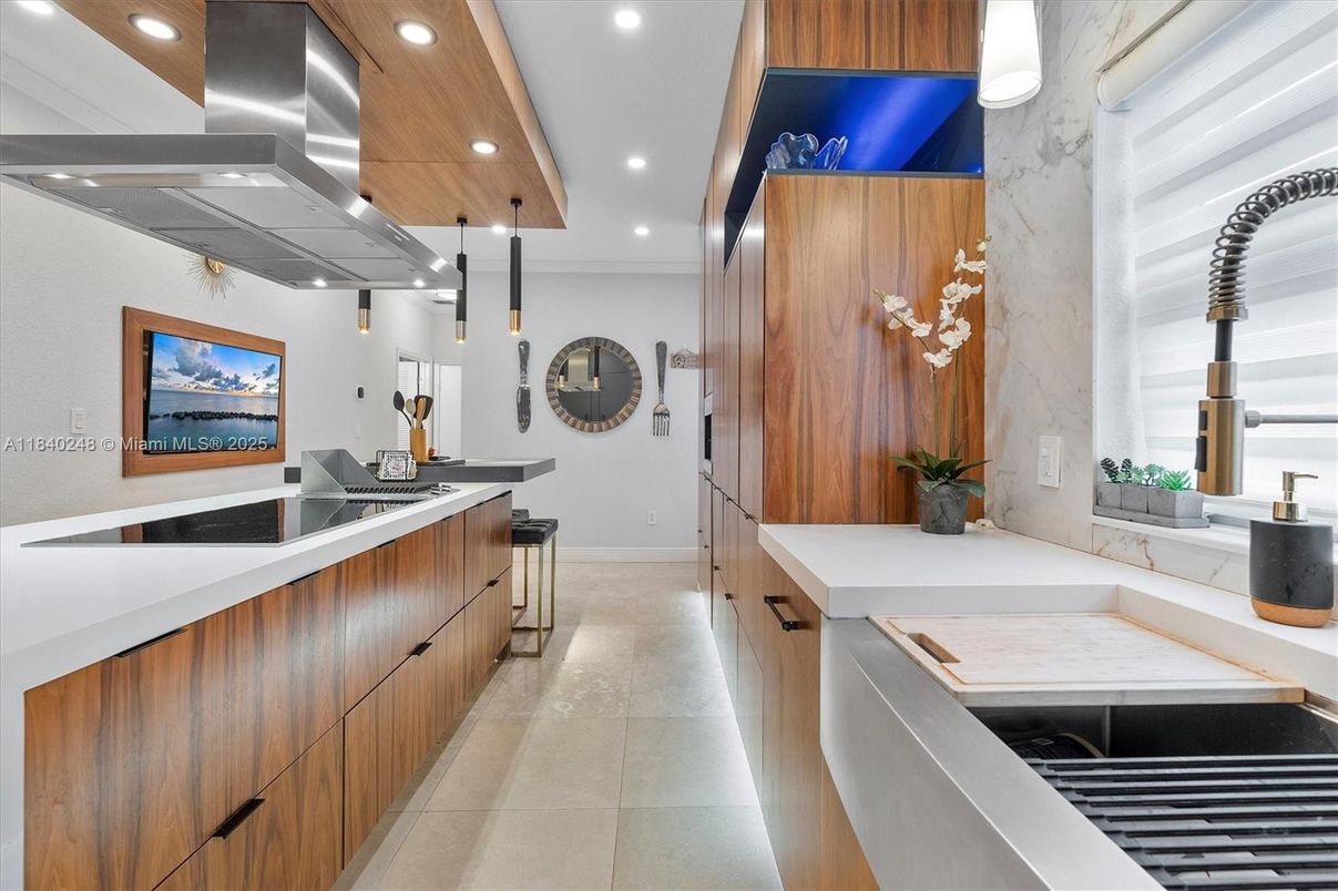 Interior, Kitchen, Marble Walls, Pendant Lights, Recessed Lighting