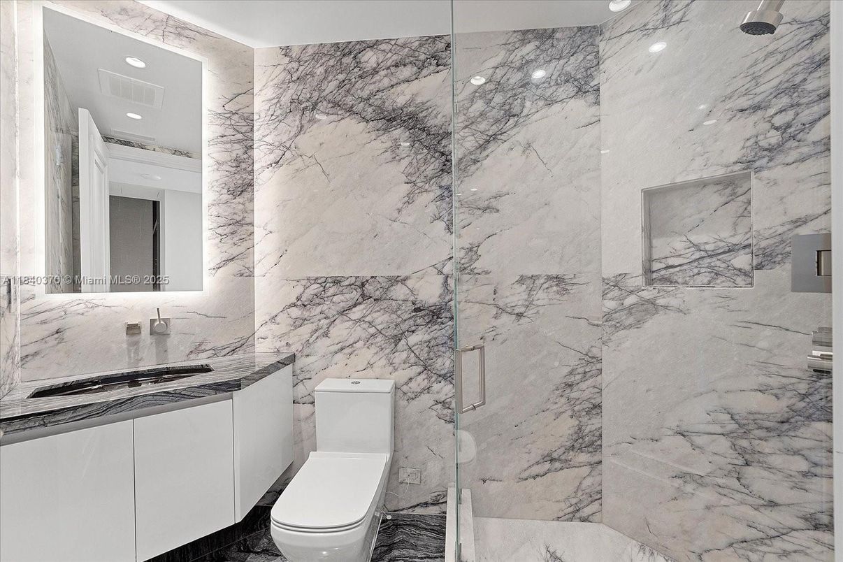 Bathroom, Glass Shower, Interior, Marble Walls, Recessed Lighting