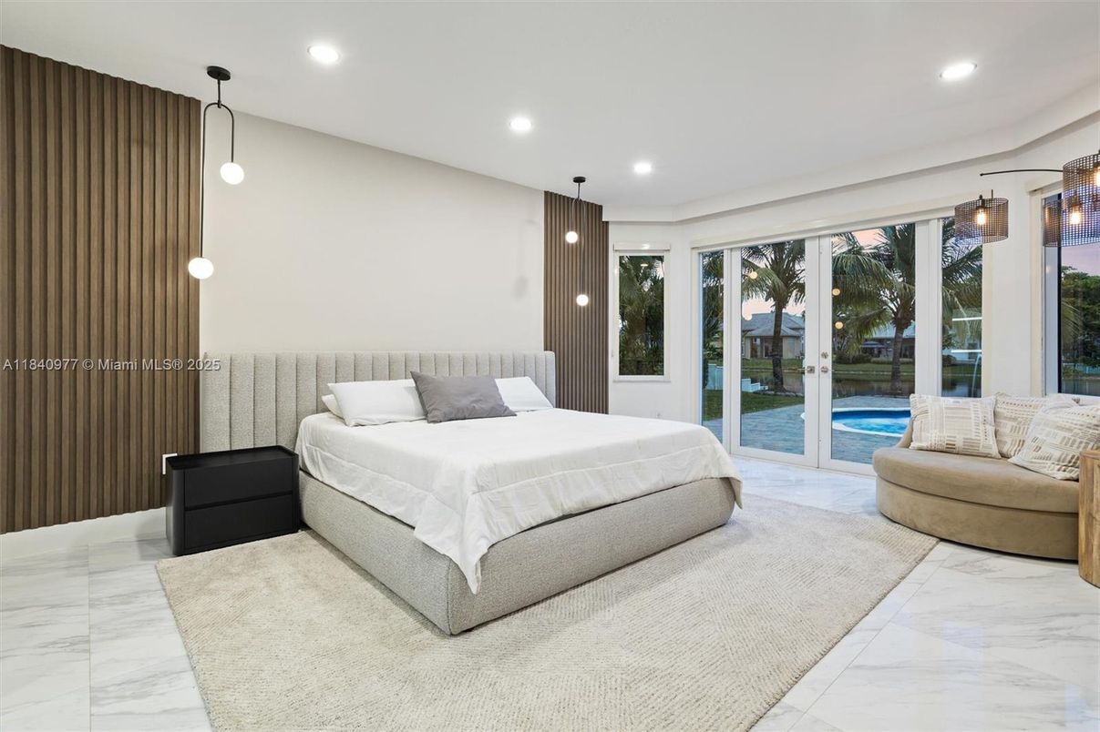 Bedroom, Interior, Marble, Pendant Lights, Recessed Lighting