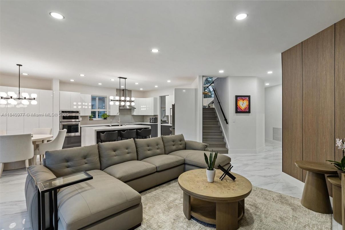 Dining room, Interior, Kitchen, Living room, Marble, Pendant Lights, Recessed Lighting, Stainless Steel Appliances