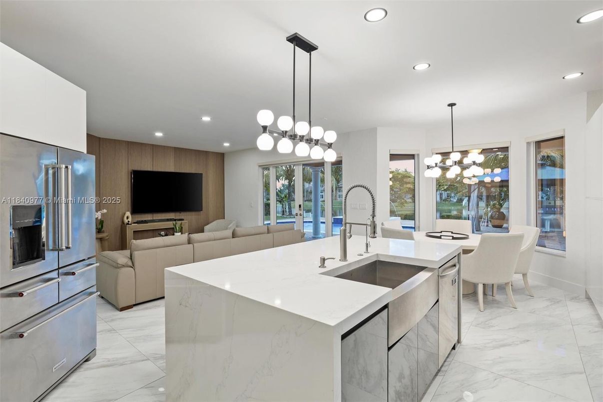 Dining room, Interior, Kitchen, Living room, Marble, Pendant Lights, Recessed Lighting, Stainless Steel Appliances