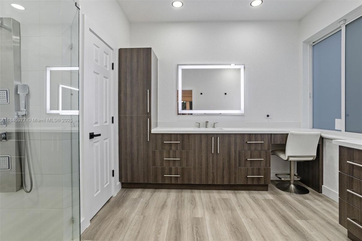 Bathroom, Interior, Recessed Lighting, Wood Texture Flooring