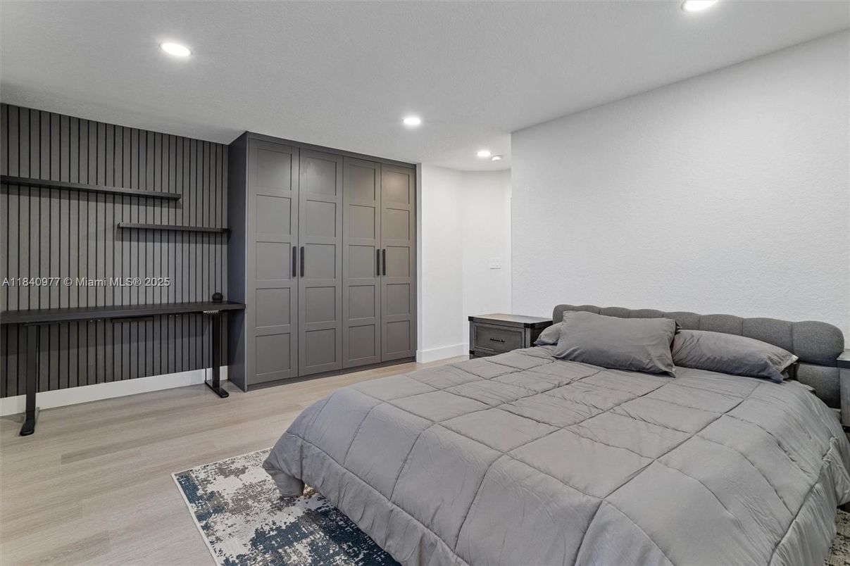 Bedroom, Interior, Recessed Lighting, Wood Texture Flooring