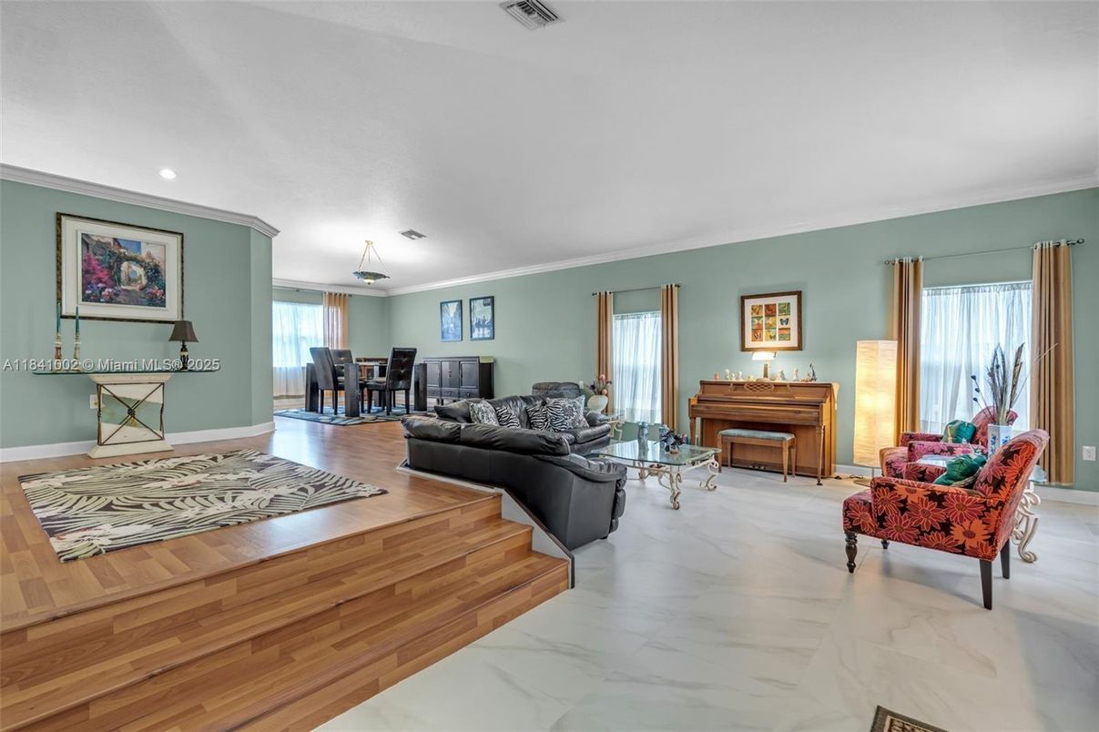Dining room, Interior, Living room, Marble, Piano, Recessed Lighting, Wood Texture Flooring