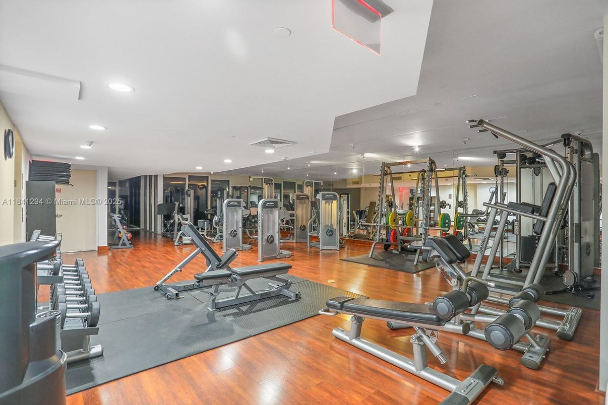 Fitness Equipment, Gym, Interior, Recessed Lighting, Wood Texture Flooring