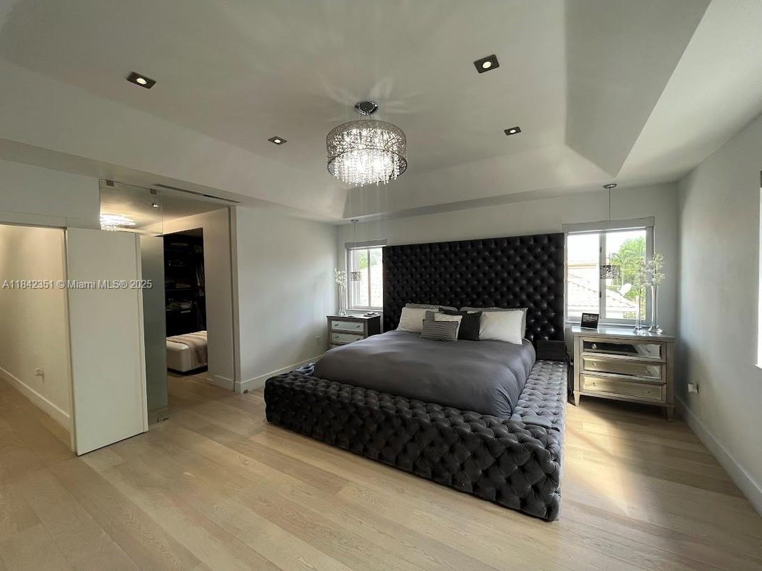 Bedroom, Chandelier, Interior, Recessed Lighting, Wood Texture Flooring