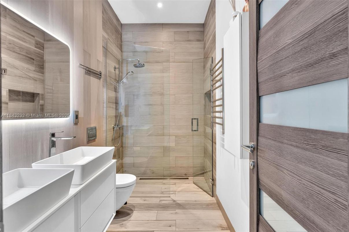 Bathroom, Glass Shower, Interior, Recessed Lighting, Wood Texture Flooring
